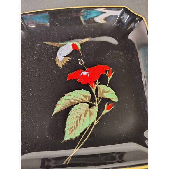 Vintage Otagiri Black Trinket Dish, Hummingbird Hibiscus Ceramic Tropical Kitsch - Picture 2 of 3